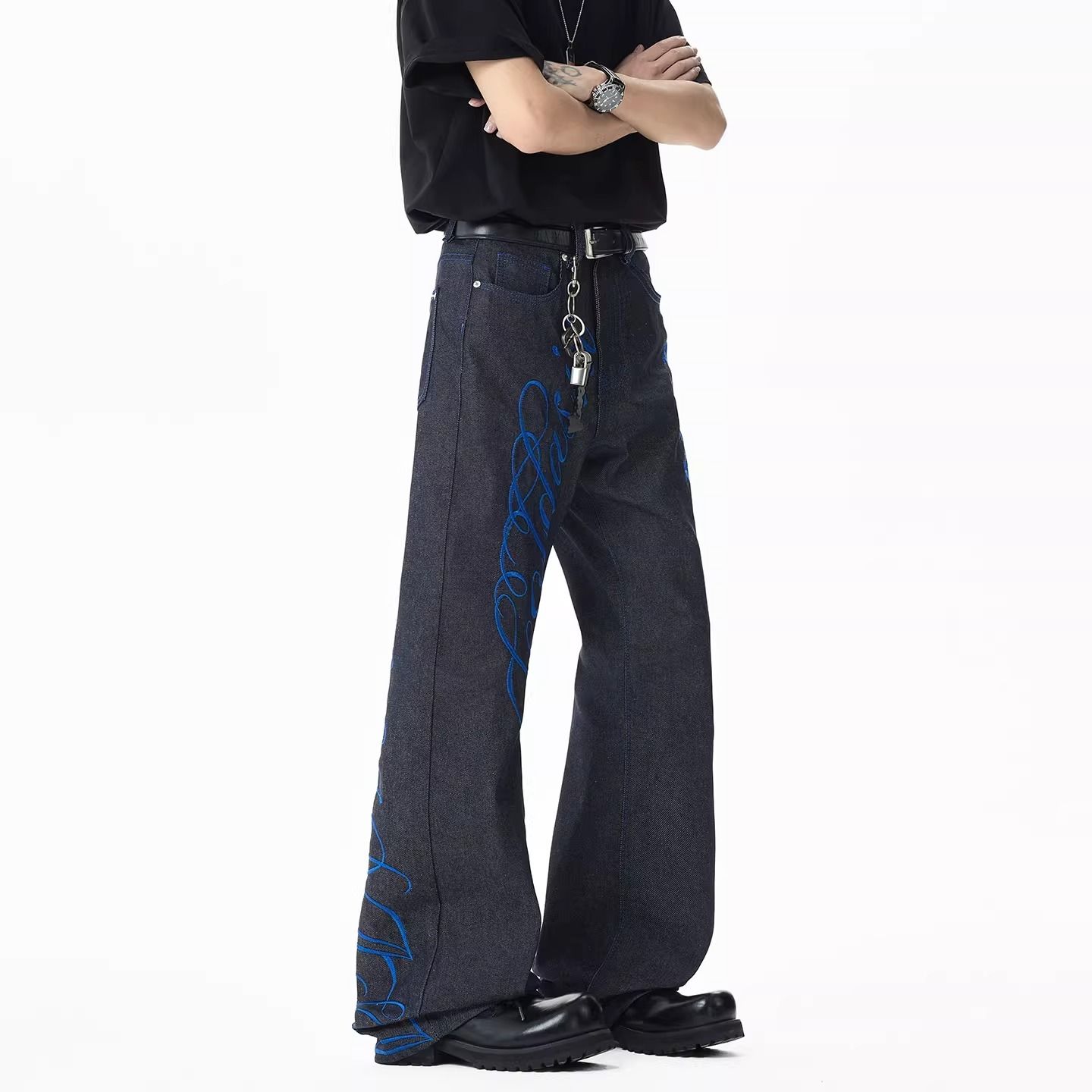 Embroidery Font Free - Men's Blue Font Embroidery Jeans Wide