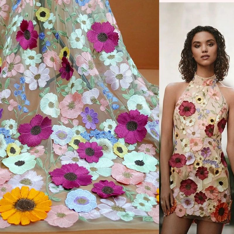 Embroidery Net Dress - Colorful 3D Flower Lace Fabric DIY