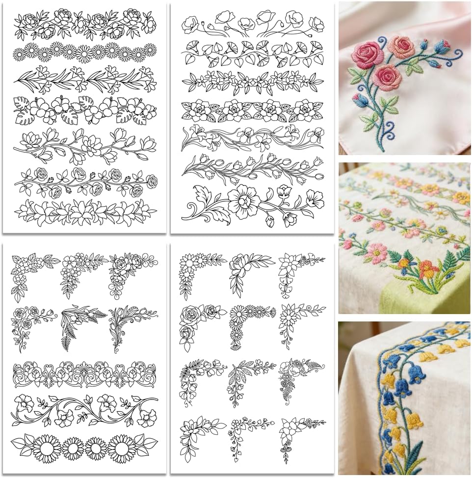 Embroidery Sheet - Pre-Printed Large Floral Border & Corner