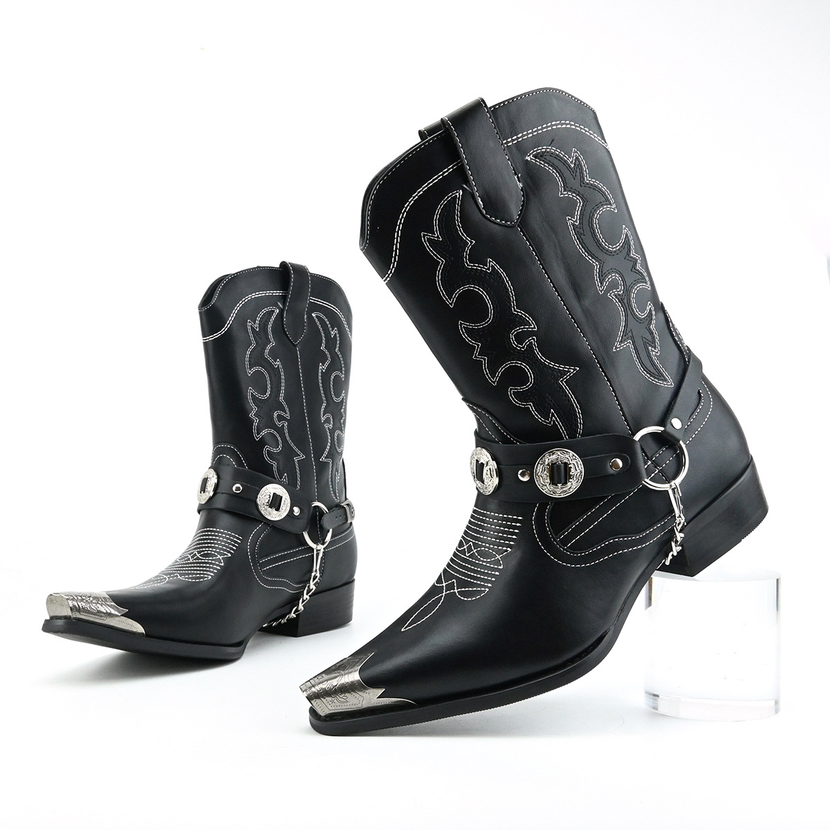 Men's Western Leather Boots wi - Embroidery Ring Sizes 评论和价格
