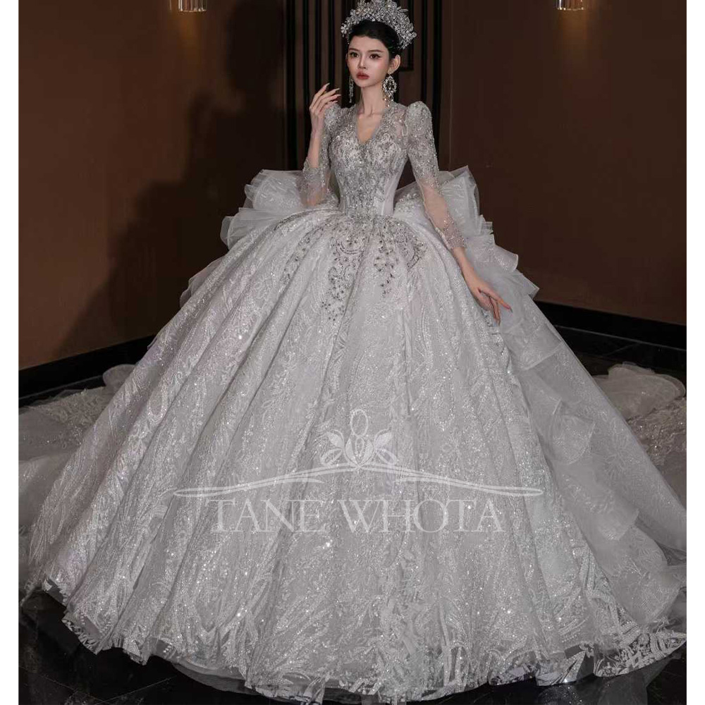 Luxury V Neck Wedding Dress Lo - Embroidery Organza 评论和价格