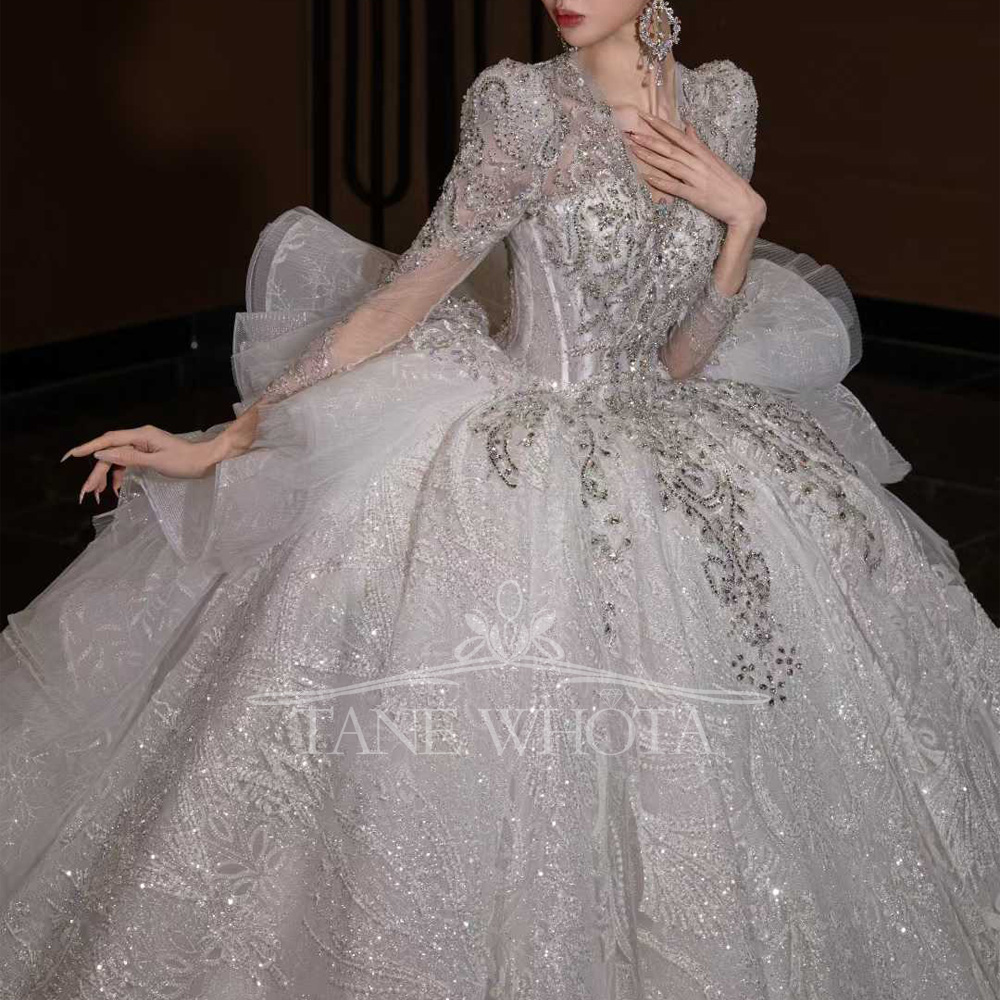 Luxury V Neck Wedding Dress Lo - Embroidery Organza 评论和价格