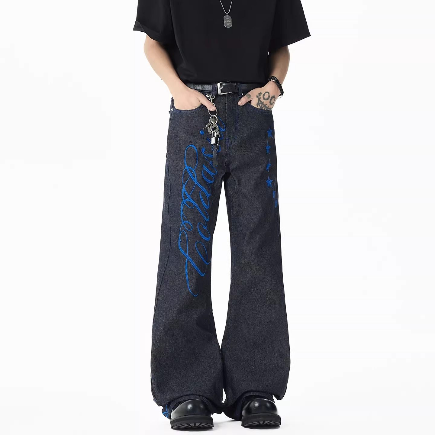 Men's Blue Font Embroidery Jea - Embroidery Font Free 评论和价格