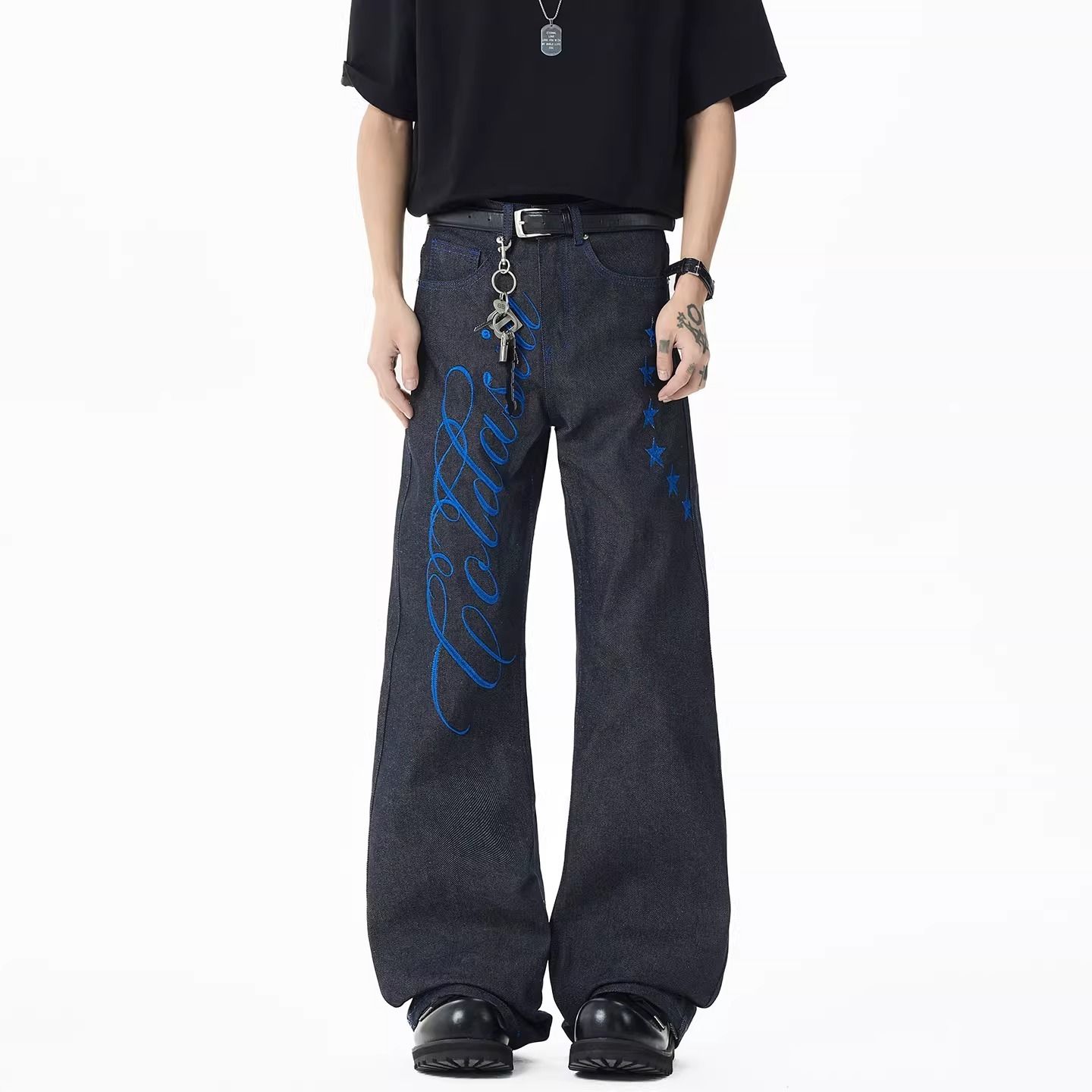 Men's Blue Font Embroidery Jea - Embroidery Font Free 评论和价格
