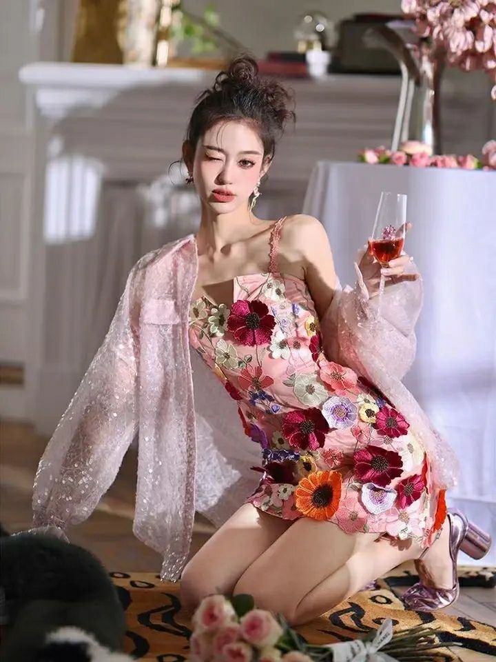 Colorful 3D Flower Lace Fabric - Embroidery Net Dress 评论和价格